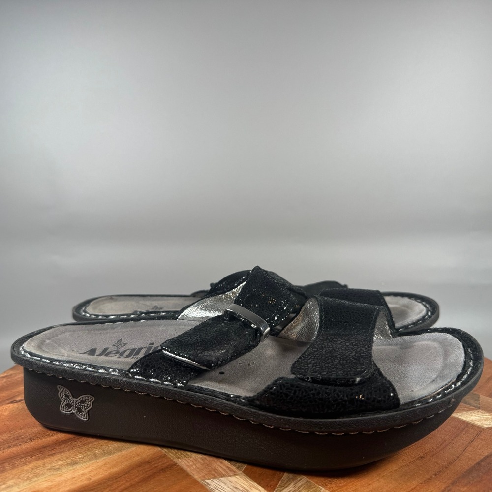 Alegria Karin Black Leather Metallic Slide Sandals Women 37 US 7-7.5 KAR-237